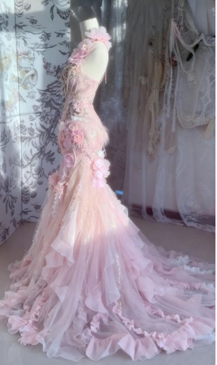 Fairytale Pink Sweetheart Mermaid Tulle Long Prom Dresses Formal Evening Gowns with Appliques - View 4 | FashionDia