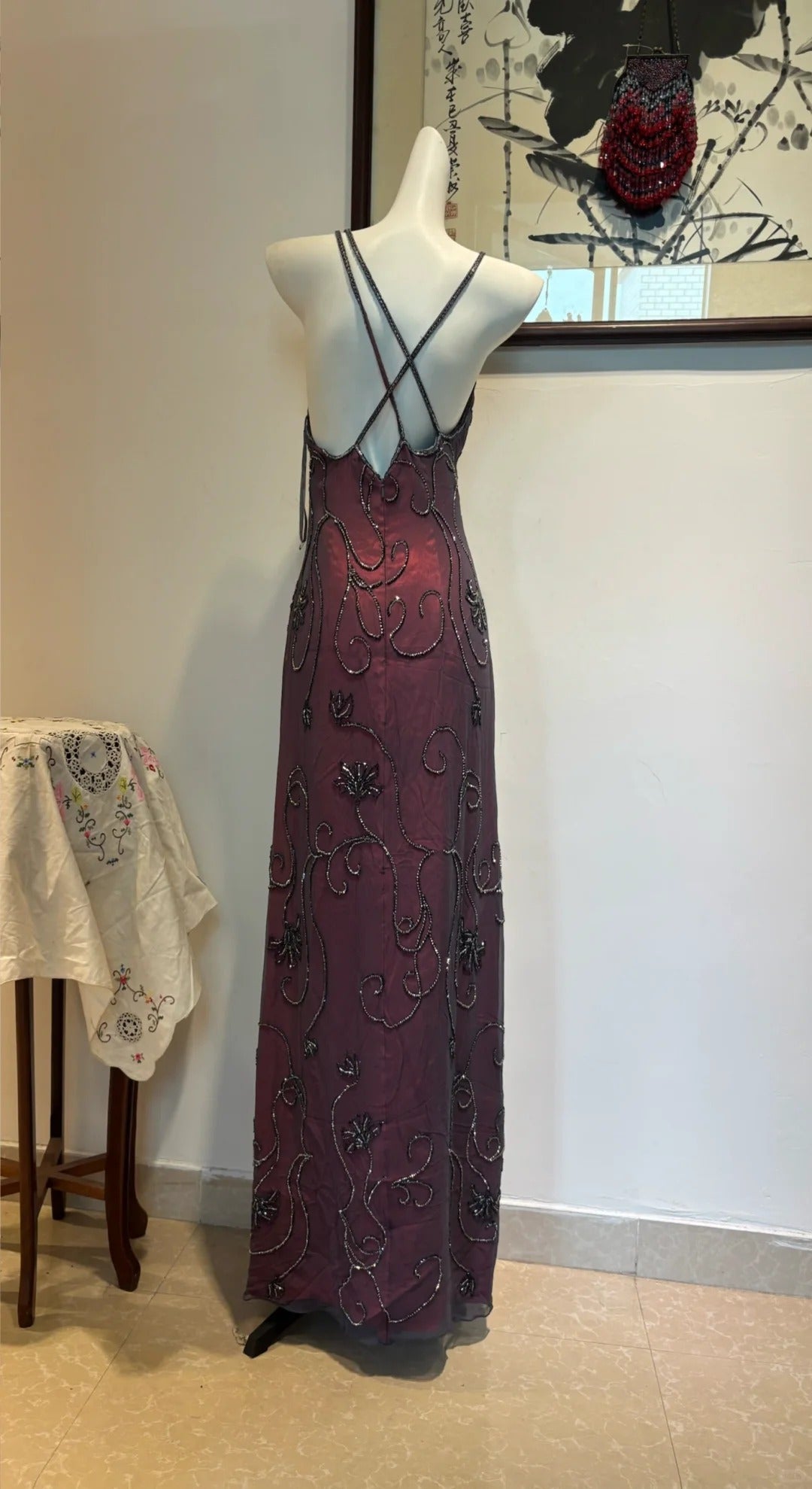 Elegant Vintage Burgundy Beaded Floral Crossover Backless Satin Long Prom & Evening Dress - View 2 | FashionDia