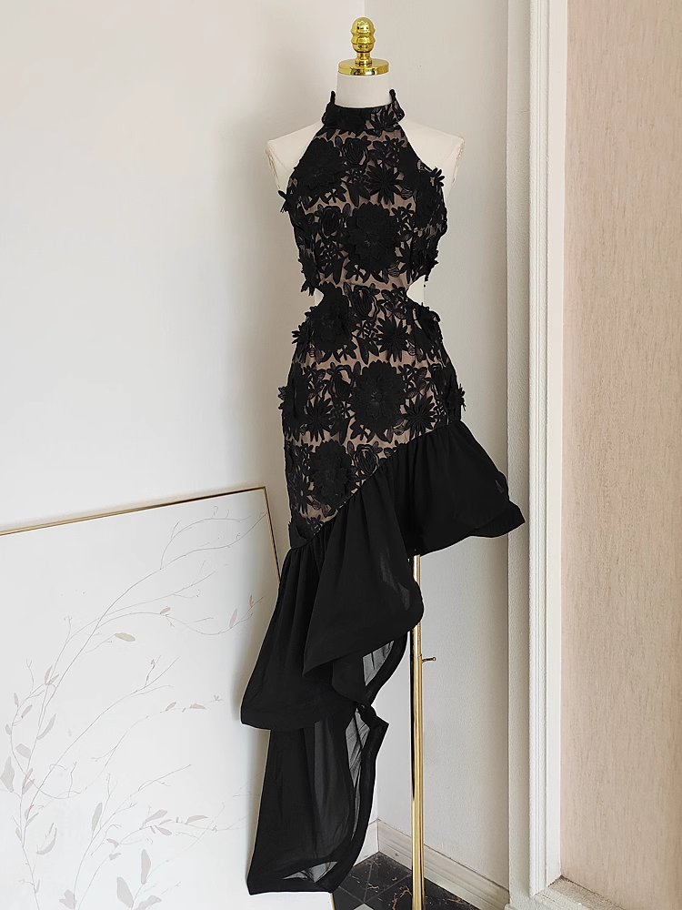 Cute Sheath Irregular Hem Black Homecoming Dresses Short Lace Birthday Outfits