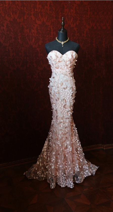 Sweet Pink Mermaid Sweetheart Neckline 3D Petal Tulle Long Prom Dress Evening Dress