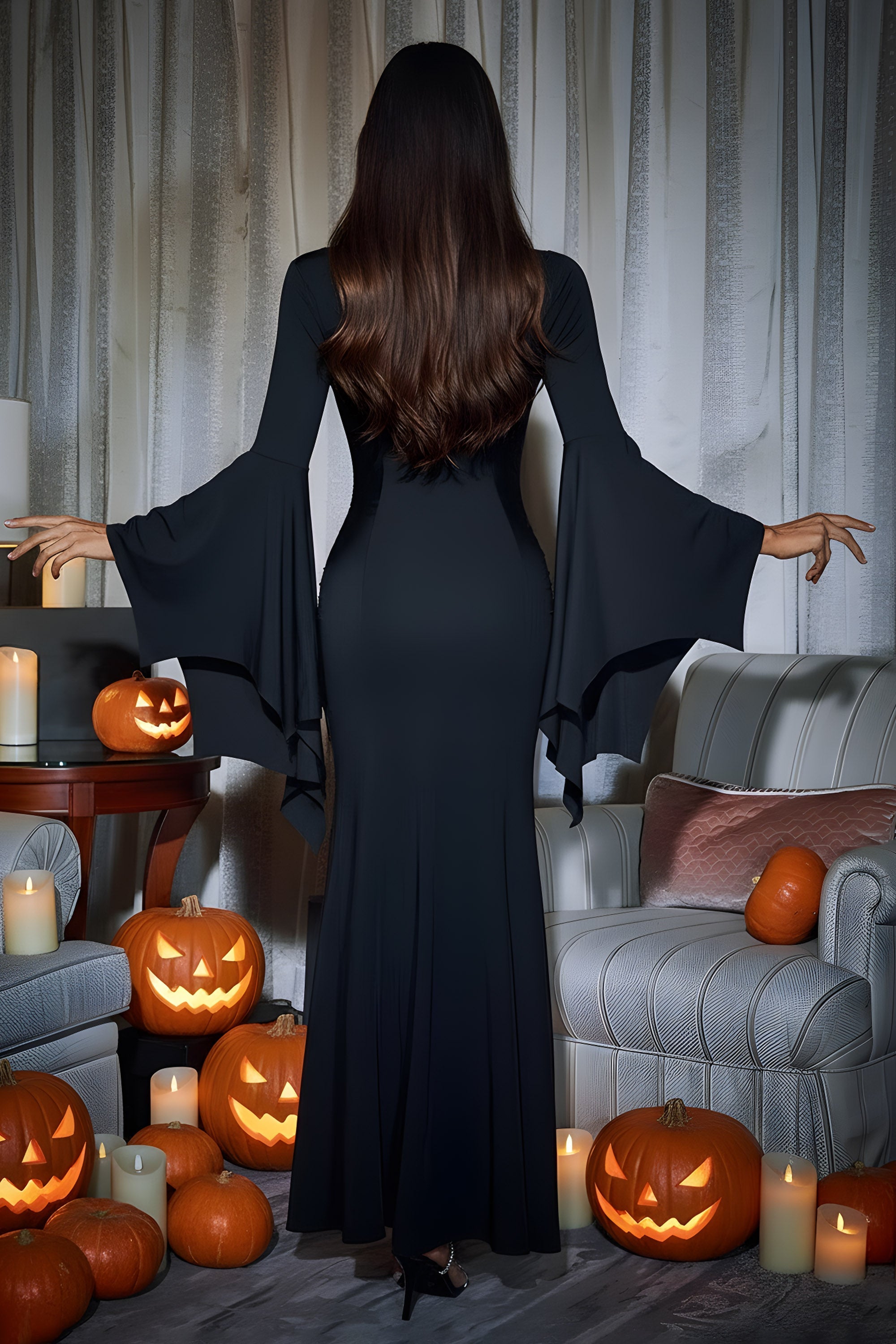 Sophisticated Flared Bell Sleeve Fitted Evening Gown