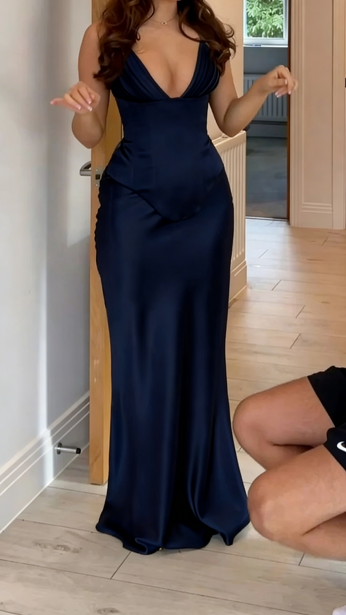 Classy Olive Green V-Neck Satin Mermaid Party Dress Long Evening Gown - View 3 | FashionDia