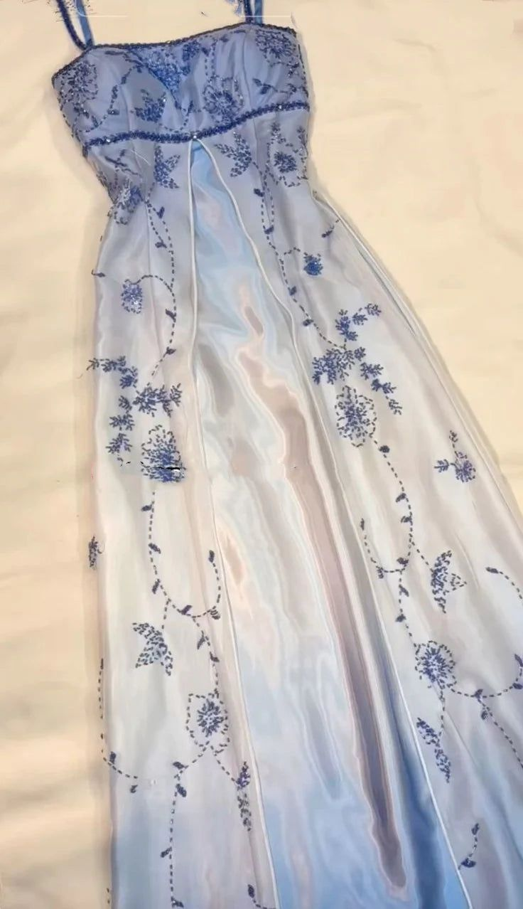 Blue And White Gradient Beaded Long Prom & Evening Dress - View 2 | FashionDia