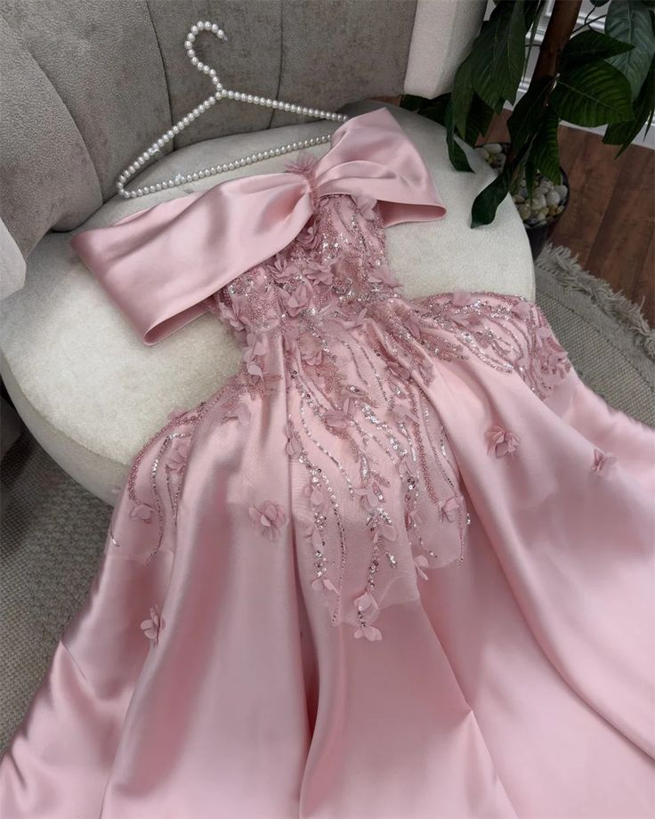 Gorgeous Off The Shoulder Apliques Beaded Evening Dress Pink Party Dress Ball Gown