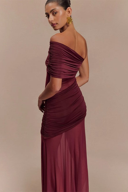 Tulle Paneled Strapless Ruched Sheer Formal Dress