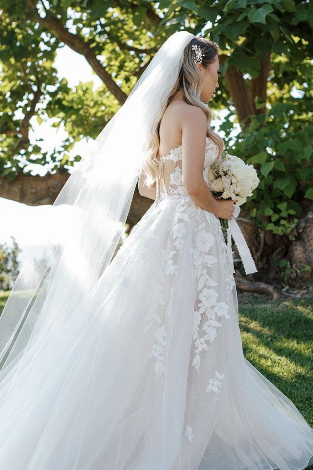 Gorgeous A-Line Sweetheart White Long Bridal Dress with Appliques - View 2 | FashionDia