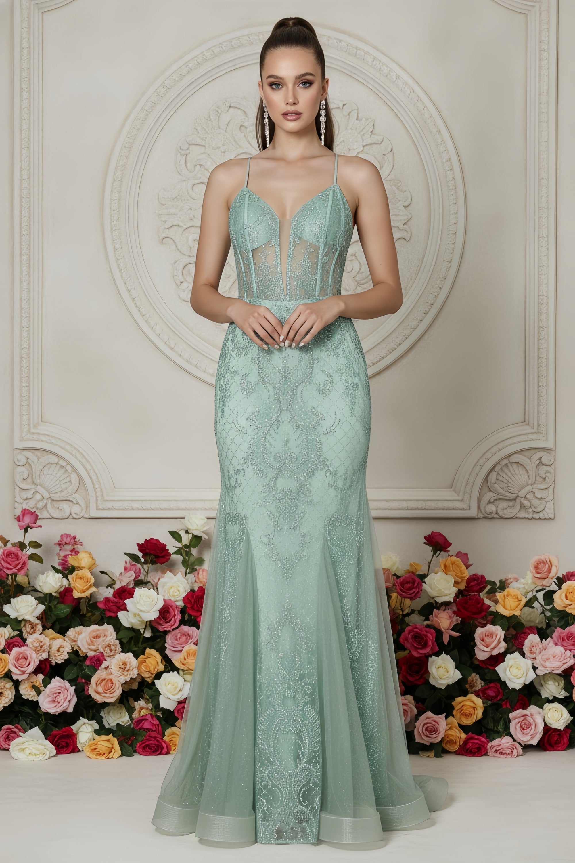 Embellished Mermaid Gown with Illusion Plunge and Corset Back
