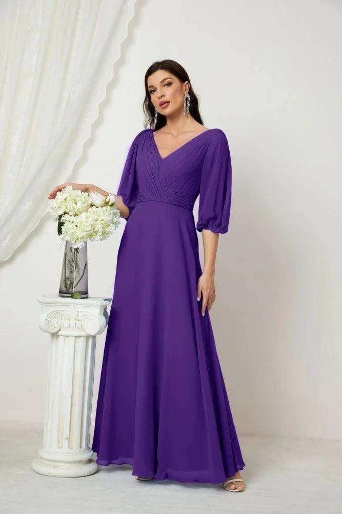 Numbersea Formal Prom Gown Women V-Neck Chiffon Bridesmaid Dresses Long Bishop Sleeve Party Dress 2807 by numbersea
