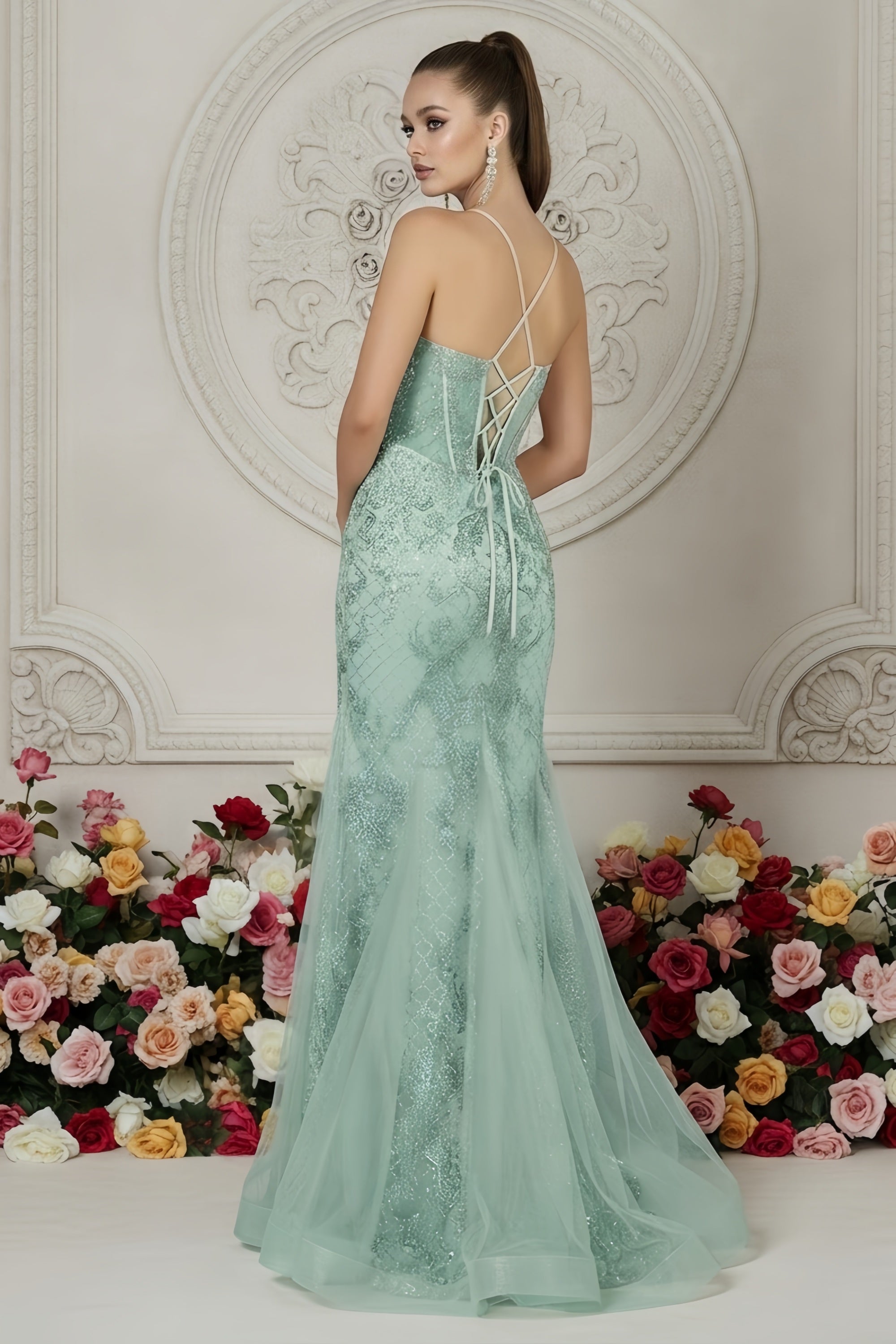 Embellished Mermaid Gown with Illusion Plunge and Corset Back