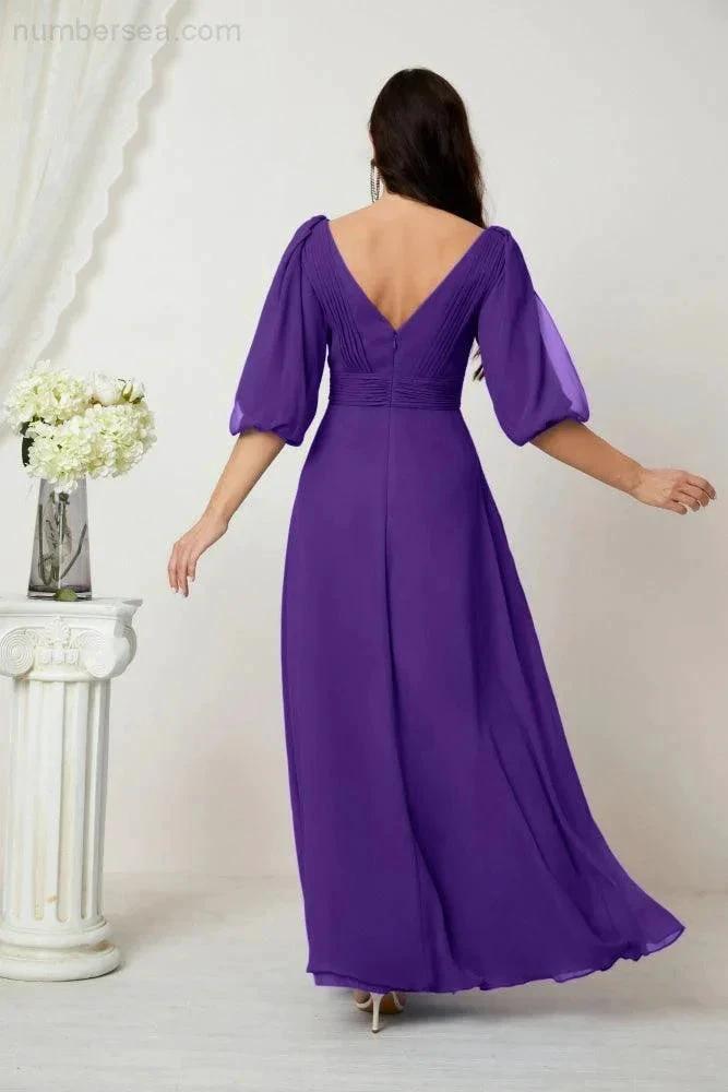 ZapDress Formal Prom Gown Women V-Neck Chiffon Bridesmaid Dresses Long Bishop Sleeve Party Dress 2807 (ZD17027)