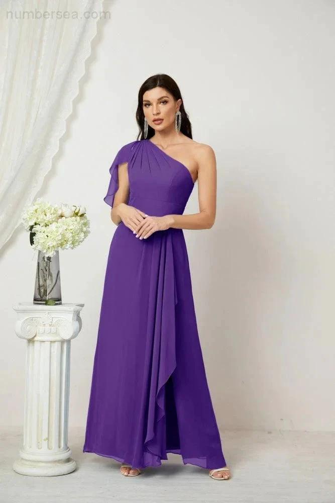 ZapDress Chiffon Ruffled One Shoulder Long Bridesmaid Dresses A-line Formal Evening Gown Side Split 2809 (ZD17049)