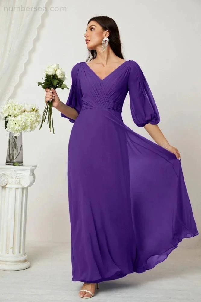 ZapDress Formal Prom Gown Women V-Neck Chiffon Bridesmaid Dresses Long Bishop Sleeve Party Dress 2807 (ZD17027)