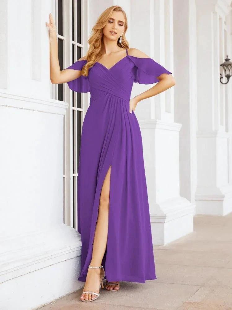 Numbersea Cold Shoulder Long Bridesmaid Dresses Side Slit Formal Prom Gowns Party Wedding 28070 by numbersea