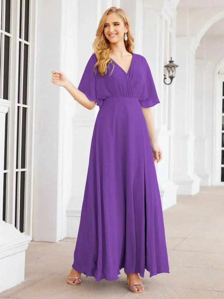 Numbersea V-Neck Bridesmaid Dress Chiffon Long Open Back Formal Dresses for Women Party Evening 28067 by numbersea