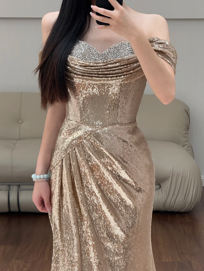 Off-the-Shoulder Champane Prom Party Dress Birthday Dress Evening Dress - View 2 | FashionDia