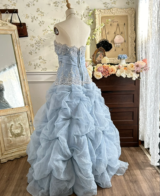Vintage Princess Light Hazy Blue Strapless Lace Embroidered Tulle Ball Gown Evening Dress - View 4 | FashionDia