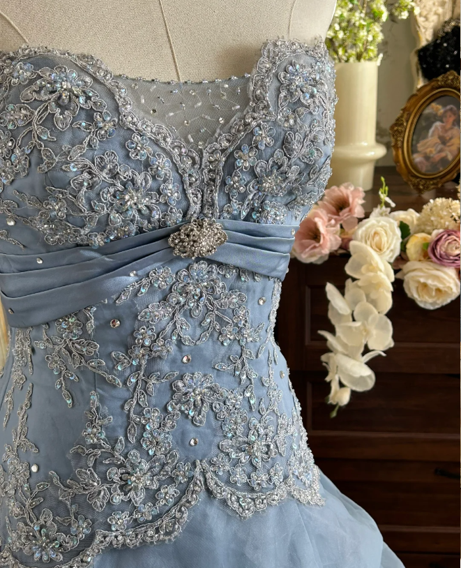 Vintage Princess Light Hazy Blue Strapless Lace Embroidered Tulle Ball Gown Evening Dress - View 5 | FashionDia