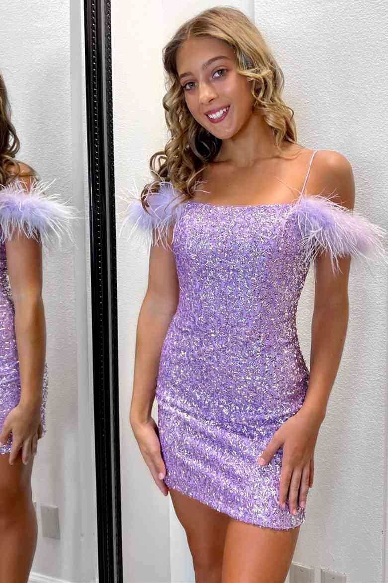Feather Cold Shoulder Lilac Sequin Homecoming Dress - FashionDia
