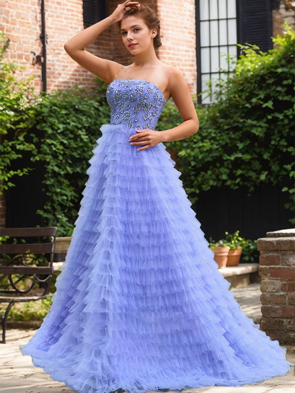 Blue A-Line Tiered Ruffled Tulle Prom Dress with Beading Rhinestone - FashionDia