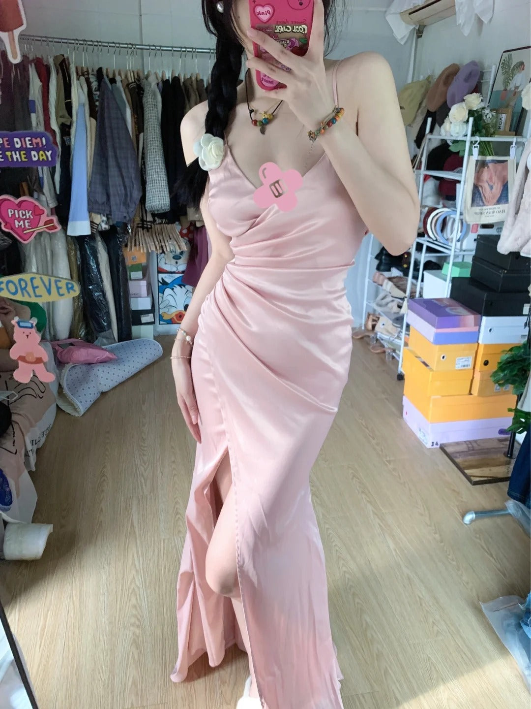 Sweet Pink Mermaid V-neck Spaghetti Strap Satin Slit Long Prom Dress Evening Dress