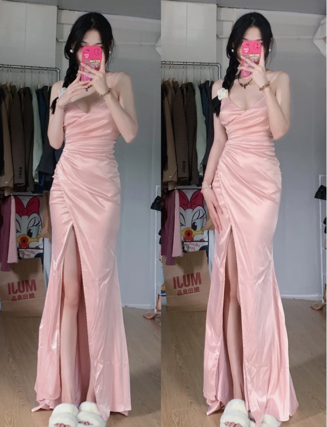 Sweet Pink Mermaid V-neck Spaghetti Strap Satin Slit Long Prom Dress Evening Dress