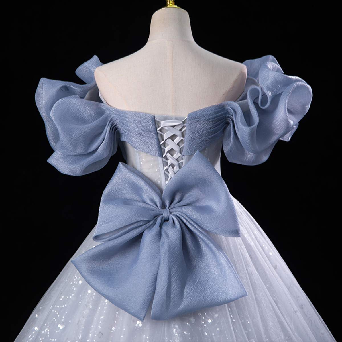 Fairy Blue Tulle Sequins Off-the-Shoulder Quinceanera Dress Cute Ball Gown With Bow - View 3 | FashionDia