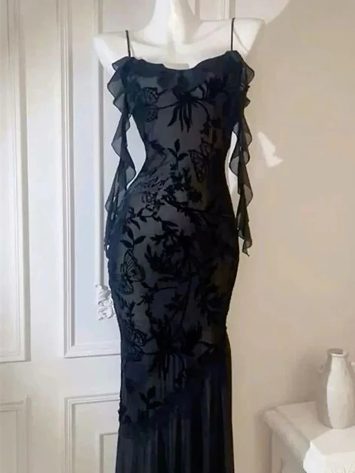 Black Lace Mermaid Maxi Dress Prom Dress, Gothic Lace Black Evening Dress - View 2 | FashionDia