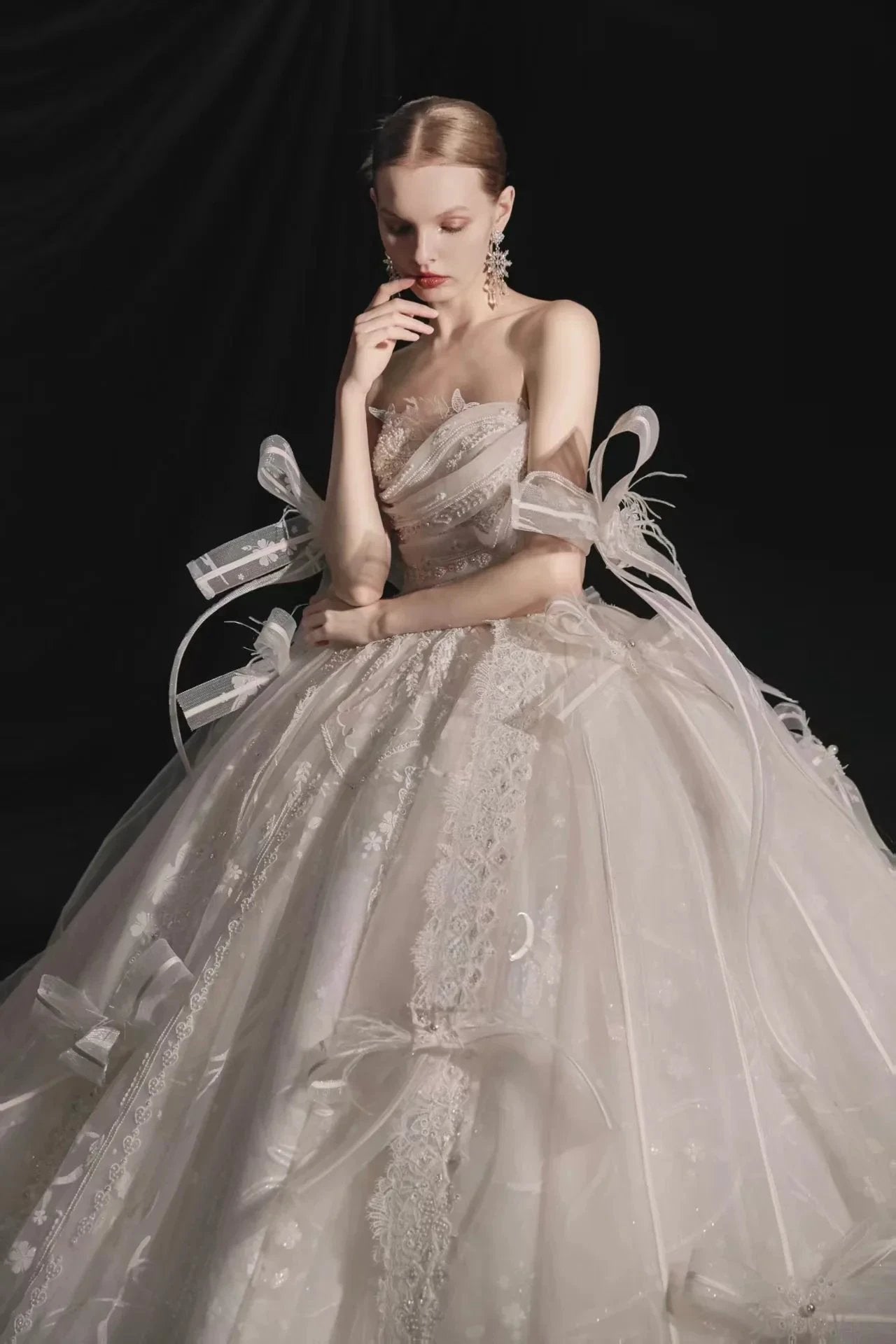 Romantic Strapless Ball Gown Tulle Ribbon Embellished Lace Wedding Dress with Voluminous Skirt H008 by ZAPDRESS