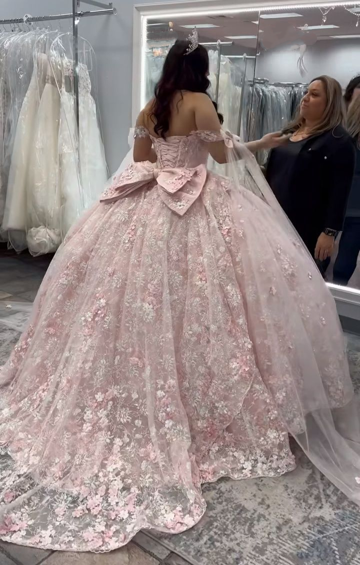 Pretty Pink Off-the-Shoulder Tulle Lace Appliques Quinceanera Dress Sweet 16 Dress With Bow - View 2 | FashionDia