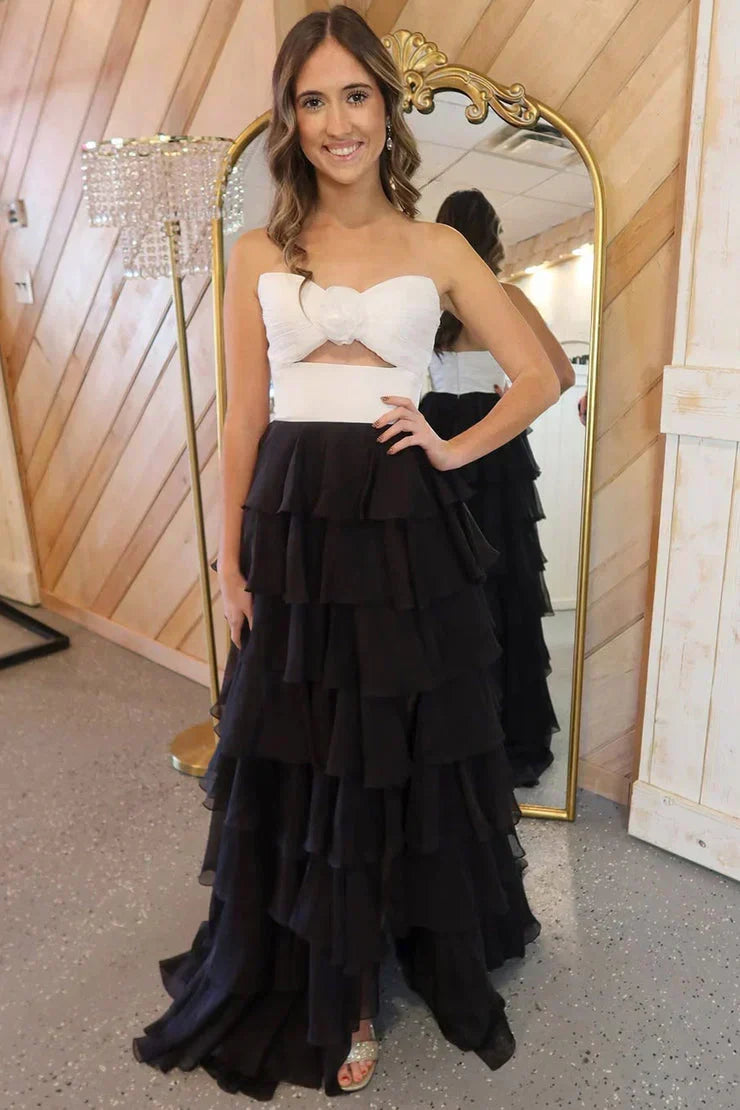 Cute Royal Blue A-Line Strapless Long Tiered Prom Dress with Slit