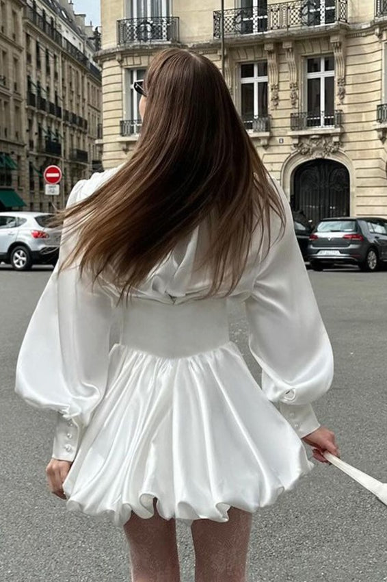 White V Neck Puff Sleeve Mini Dress