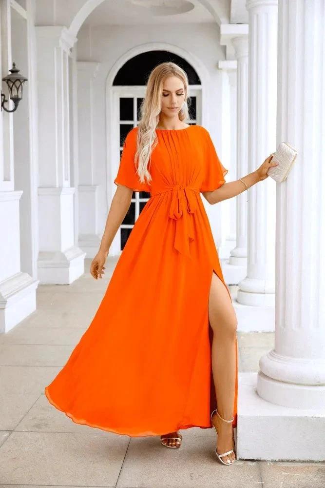 Ladies Chiffon Sleeve Crew Neck Front Slit Floor Length Bridesmaid Evening Dress Wedding Party Evening Dress 28124 by numbersea