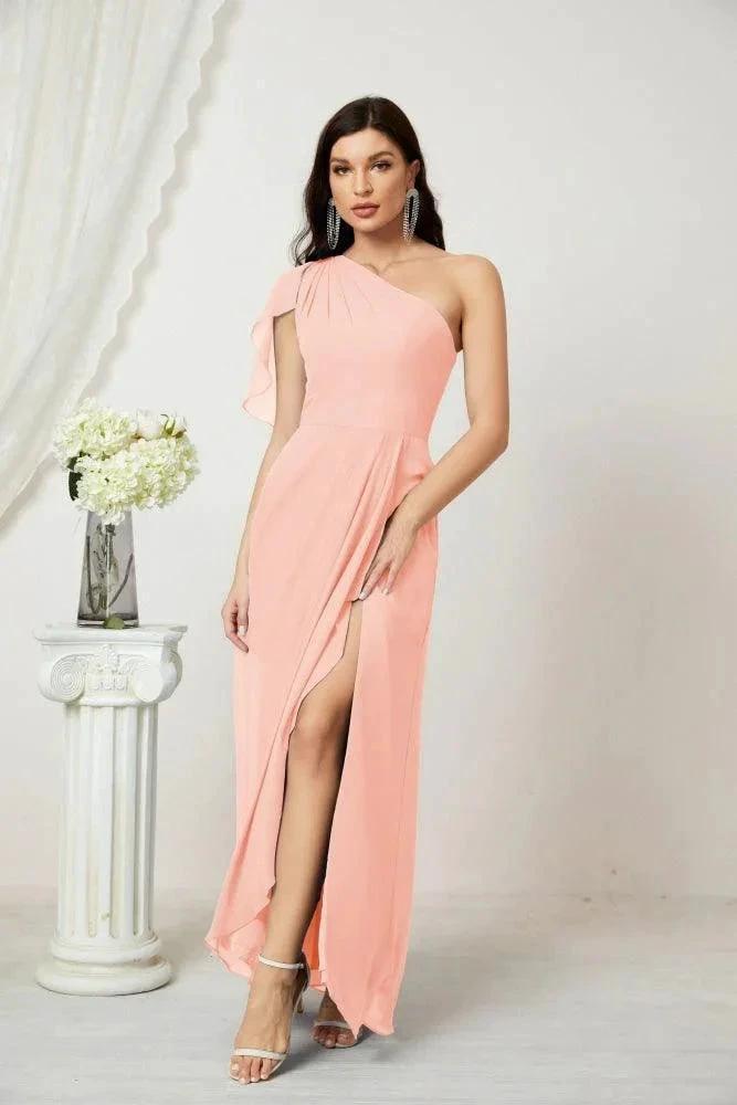 Numbersea Chiffon Ruffled One Shoulder Long Bridesmaid Dresses A-line Formal Evening Gown Side Split 2809 by numbersea