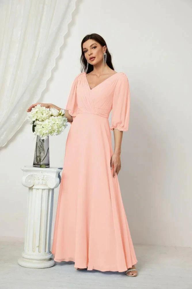 Numbersea Formal Prom Gown Women V-Neck Chiffon Bridesmaid Dresses Long Bishop Sleeve Party Dress 2807 by numbersea