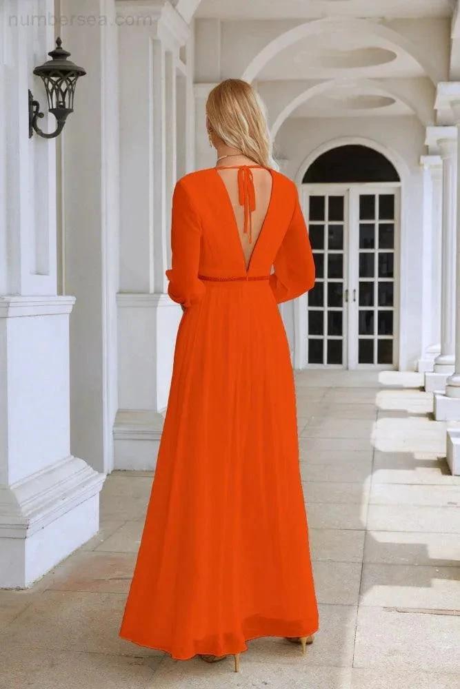 Ladies V Neck Chiffon Long Sleeve Front Slit Bridesmaid Evening Dress Wedding Party Shopping Evening Dress 28109 (ZD16991)