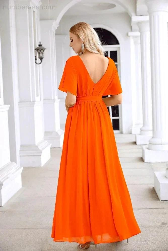 Ladies Chiffon Sleeve Crew Neck Front Slit Floor Length Bridesmaid Evening Dress Wedding Party Evening Dress 28124 (ZD17007)