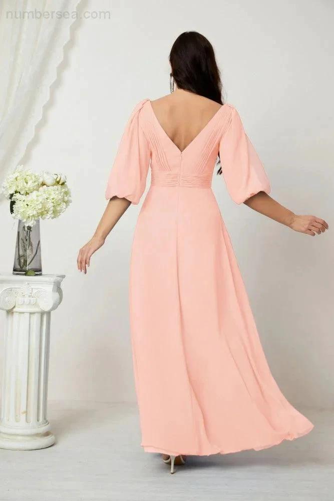 ZapDress Formal Prom Gown Women V-Neck Chiffon Bridesmaid Dresses Long Bishop Sleeve Party Dress 2807 (ZD17027)