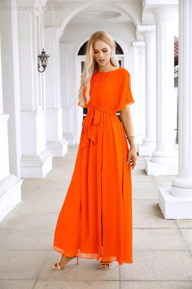 Ladies Chiffon Sleeve Crew Neck Front Slit Floor Length Bridesmaid Evening Dress Wedding Party Evening Dress 28124 (ZD17007)