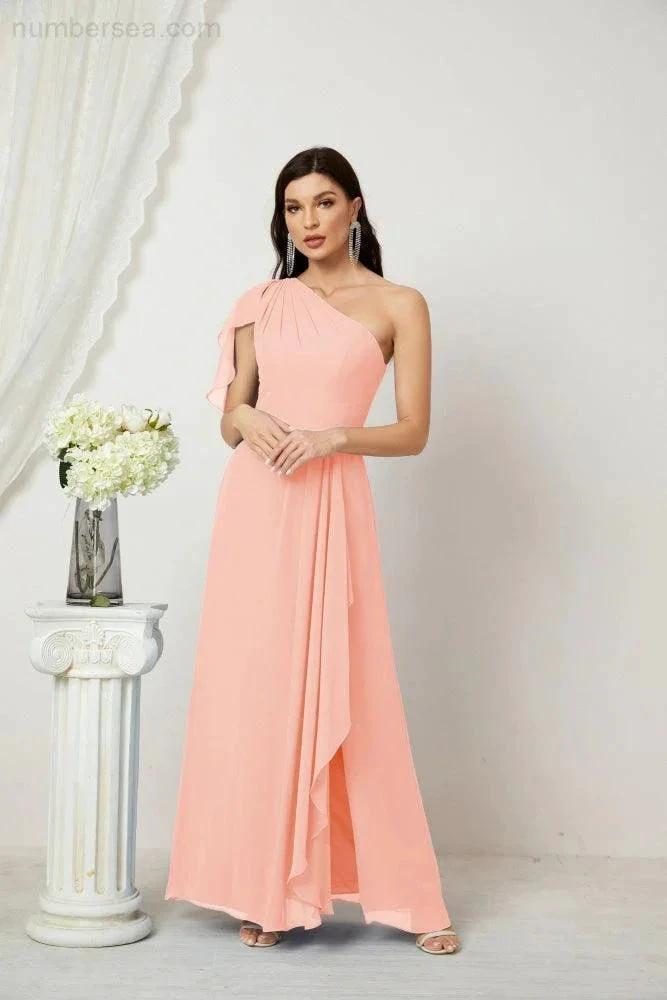 ZapDress Chiffon Ruffled One Shoulder Long Bridesmaid Dresses A-line Formal Evening Gown Side Split 2809 (ZD17049)