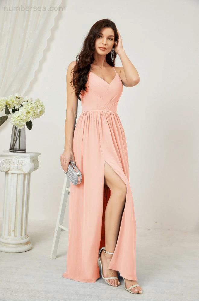 ZapDress Neck Bridesmaid Dresses Chiffon Long Spaghetti A-line Formal Prom Gown for Wedding Party Evening 2801 (ZD16961)