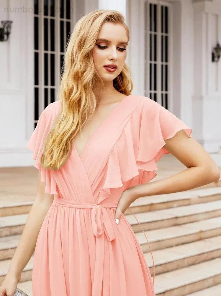 ZapDress Women's Open Back Formal Evening Party Prom Gowns V-Neck Long Chiffon Bridesmaid Dresses with Waist Belt 28038 (ZD17000)