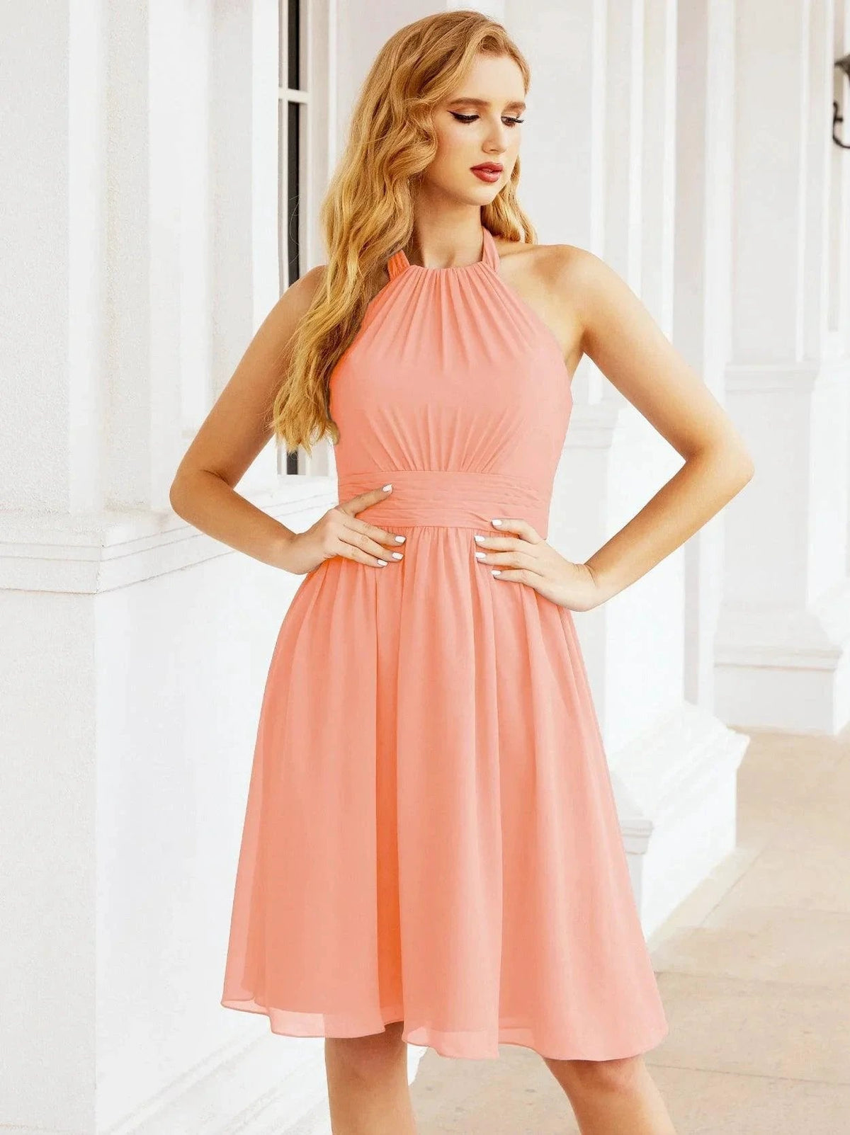 ZapDress Halter Chiffon Bridesmaid Dresses Short Sleeveless Formal Party Dress Open Back 28023 (ZD16957)