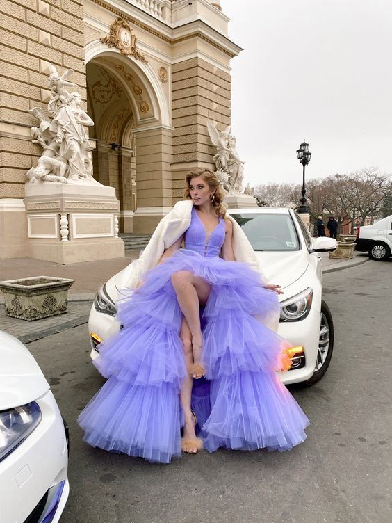 High-Low V-Neck Purple Tulle Long Prom Dress with Belt - FashionDia