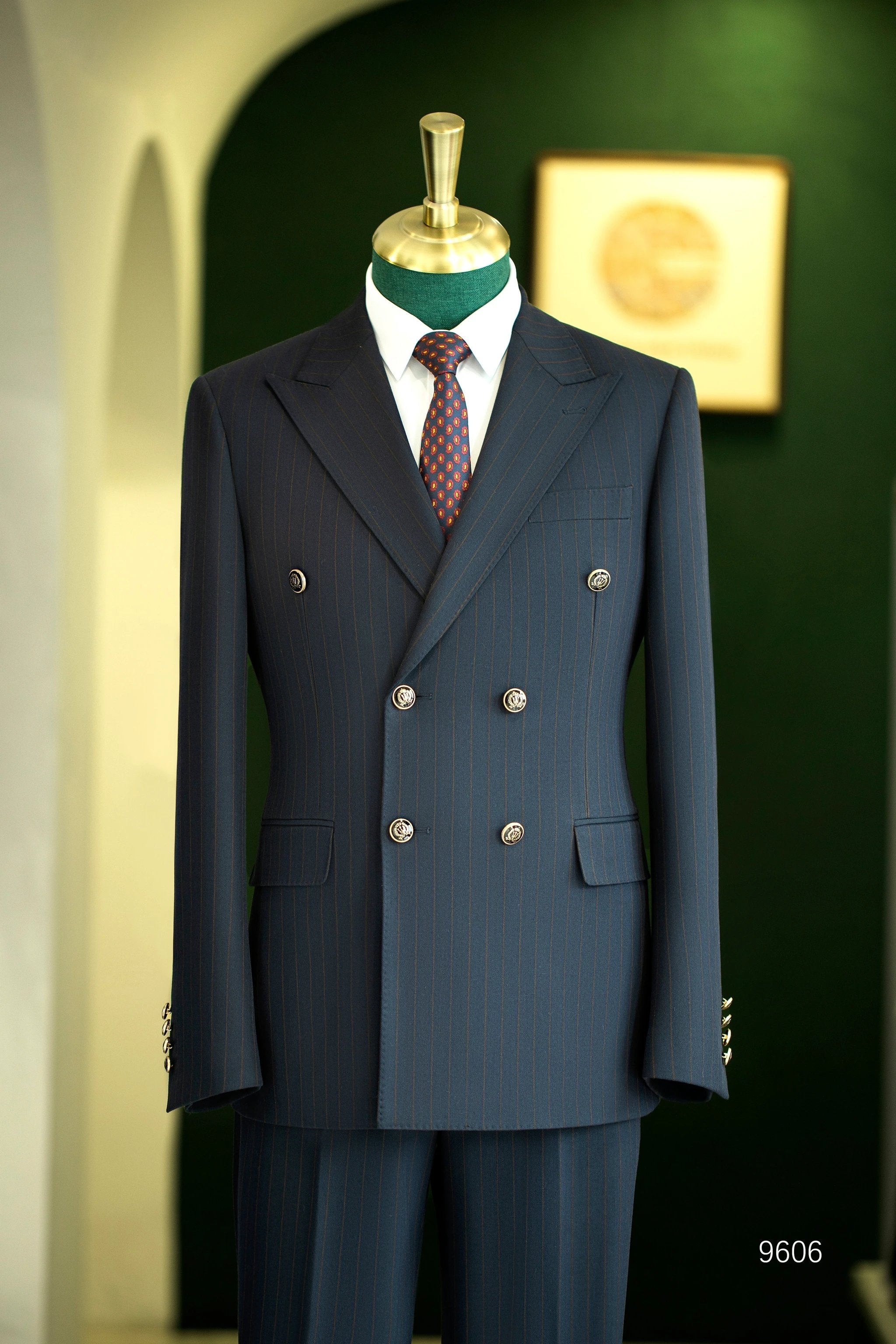 Double-Breasted Navy Pinstripe Wool Suit | Tailored Formal Groom & Business Suit by 男装
