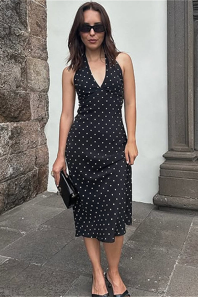 Polka Dot Halter Backless Maxi Dress - View 2 | VelvetHem
