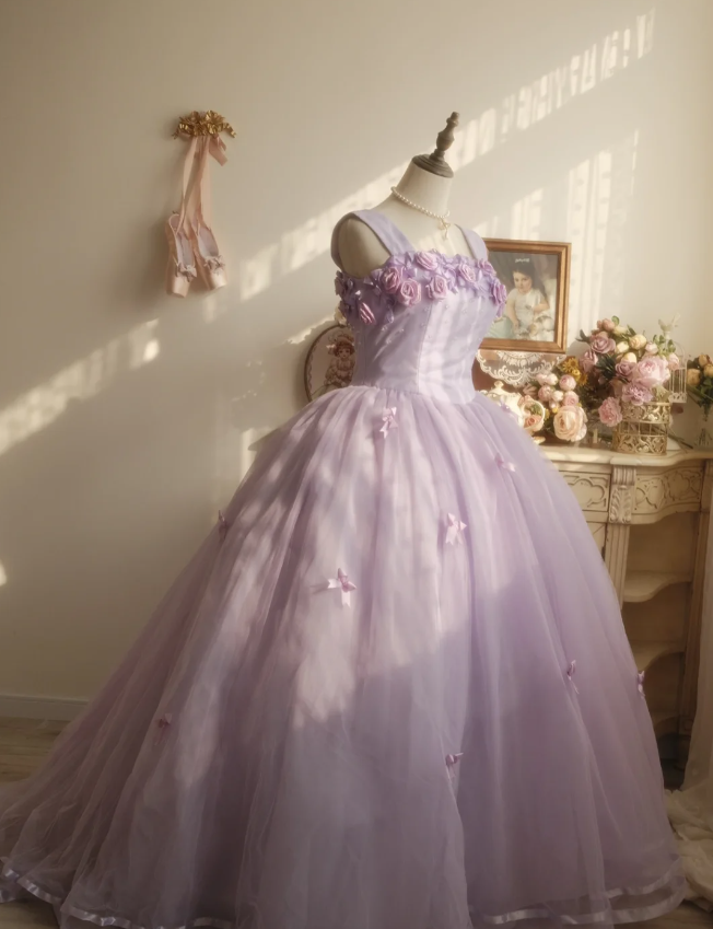 Sweet Princess Light Purple 3D Floral Square Neck Bow Tulle Ball Gown Evening Dress Sweet 16 Dress - View 2 | FashionDia