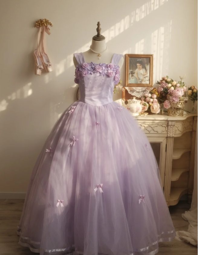Sweet Princess Light Purple 3D Floral Square Neck Bow Tulle Ball Gown Evening Dress Sweet 16 Dress