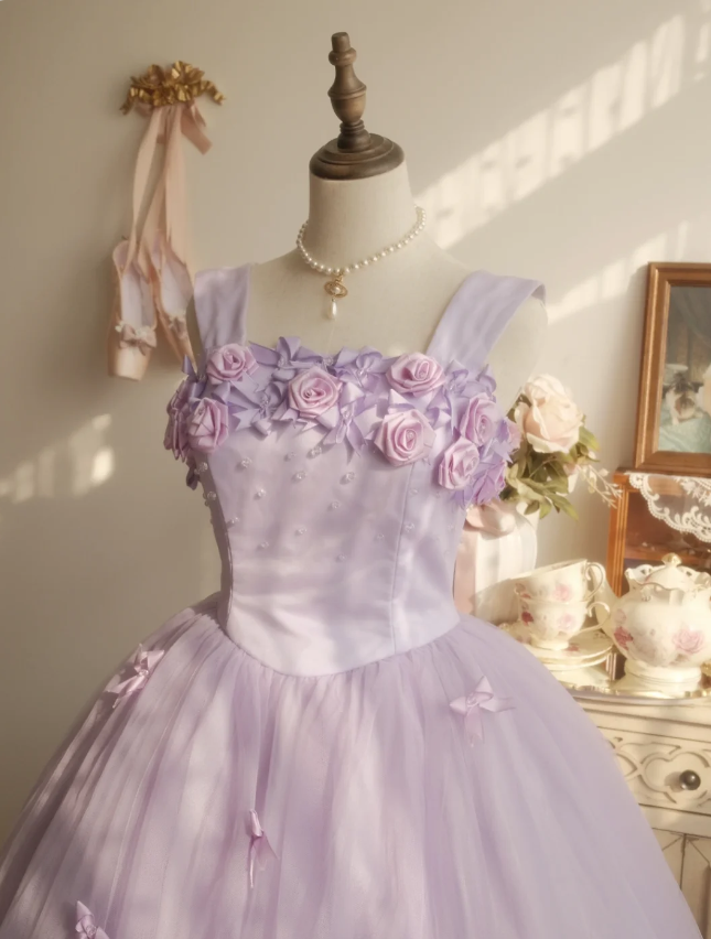 Sweet Princess Light Purple 3D Floral Square Neck Bow Tulle Ball Gown Evening Dress Sweet 16 Dress - View 3 | FashionDia
