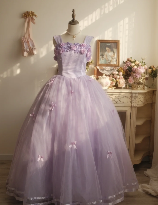 Sweet Princess Light Purple 3D Floral Square Neck Bow Tulle Ball Gown Evening Dress Sweet 16 Dress - View 4 | FashionDia