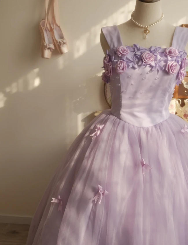 Sweet Princess Light Purple 3D Floral Square Neck Bow Tulle Ball Gown Evening Dress Sweet 16 Dress - View 5 | FashionDia